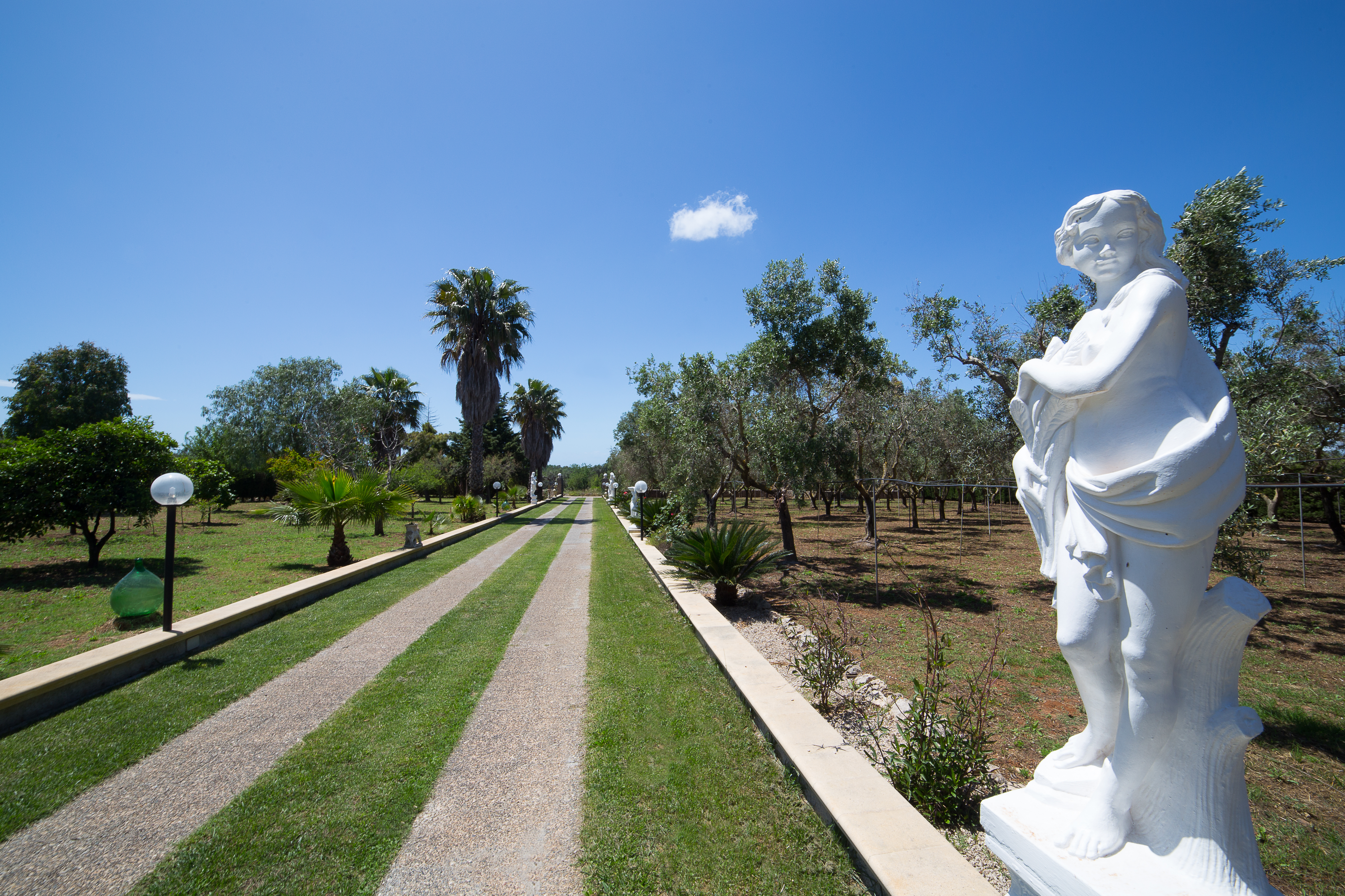 Statua bianca in primo piano nel viale